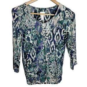 Chico's boho oriental floral ikat print rounded v-neck stretch jersey top US 4